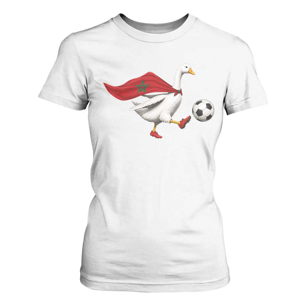 Morocco Soccer T Shirt For Women Funny Goose Wearing Moroccan Flag Patriotic Football Fan Graphic TS10 White Print Your Wear
