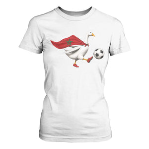 Morocco Soccer T Shirt For Women Funny Goose Wearing Moroccan Flag Patriotic Football Fan Graphic TS10 White Print Your Wear