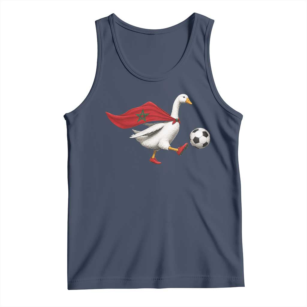 Morocco Soccer Tank Top Funny Goose Wearing Moroccan Flag Patriotic Football Fan Graphic TS10 Navy Print Your Wear