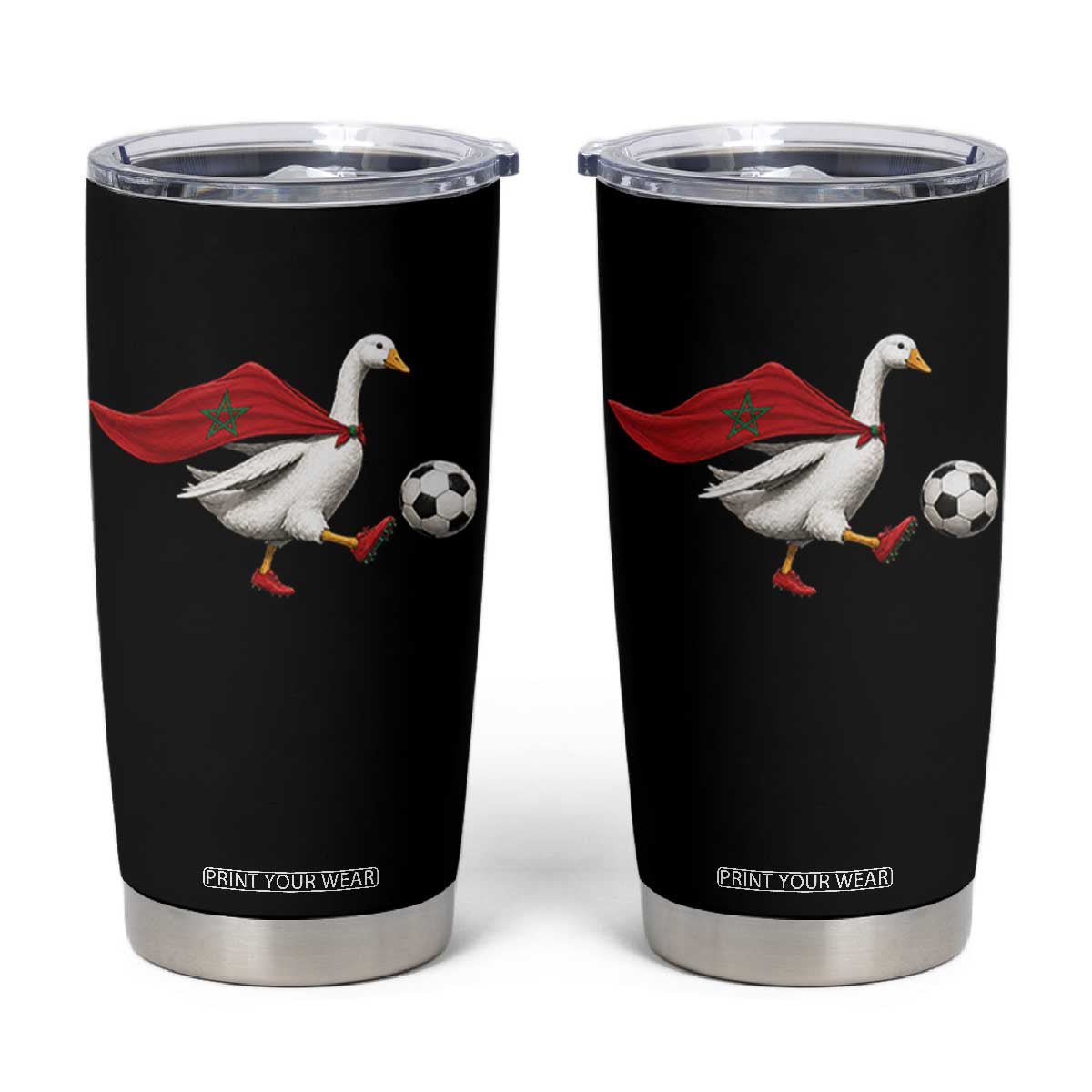 Morocco Soccer Tumbler Cup Funny Goose Wearing Moroccan Flag Patriotic Football Fan Graphic TS10 Black Print Your Wear