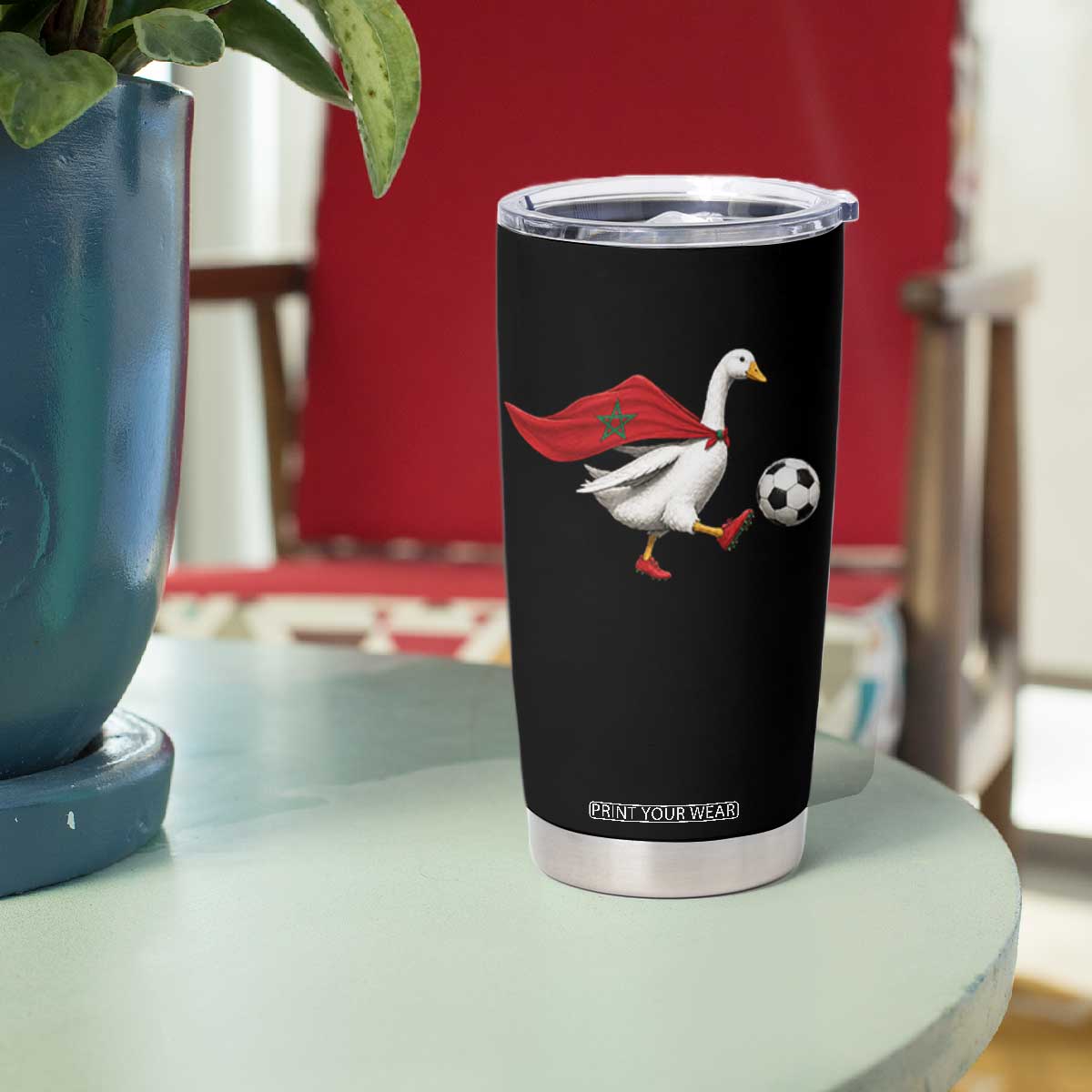 Morocco Soccer Tumbler Cup Funny Goose Wearing Moroccan Flag Patriotic Football Fan Graphic TS10 Print Your Wear