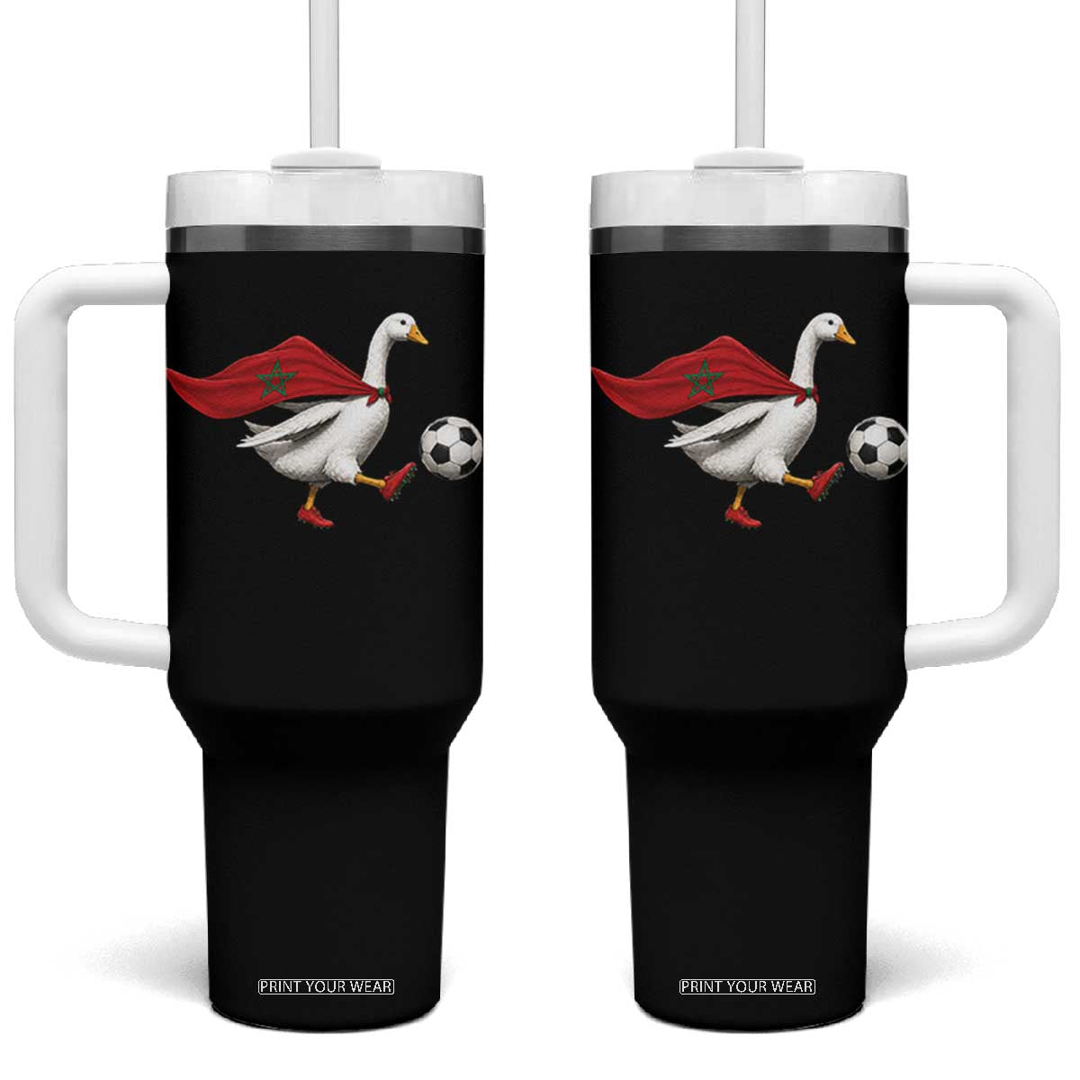 Morocco Soccer Tumbler With Handle Funny Goose Wearing Moroccan Flag Patriotic Football Fan Graphic TS10 One Size: 40 oz Black Print Your Wear