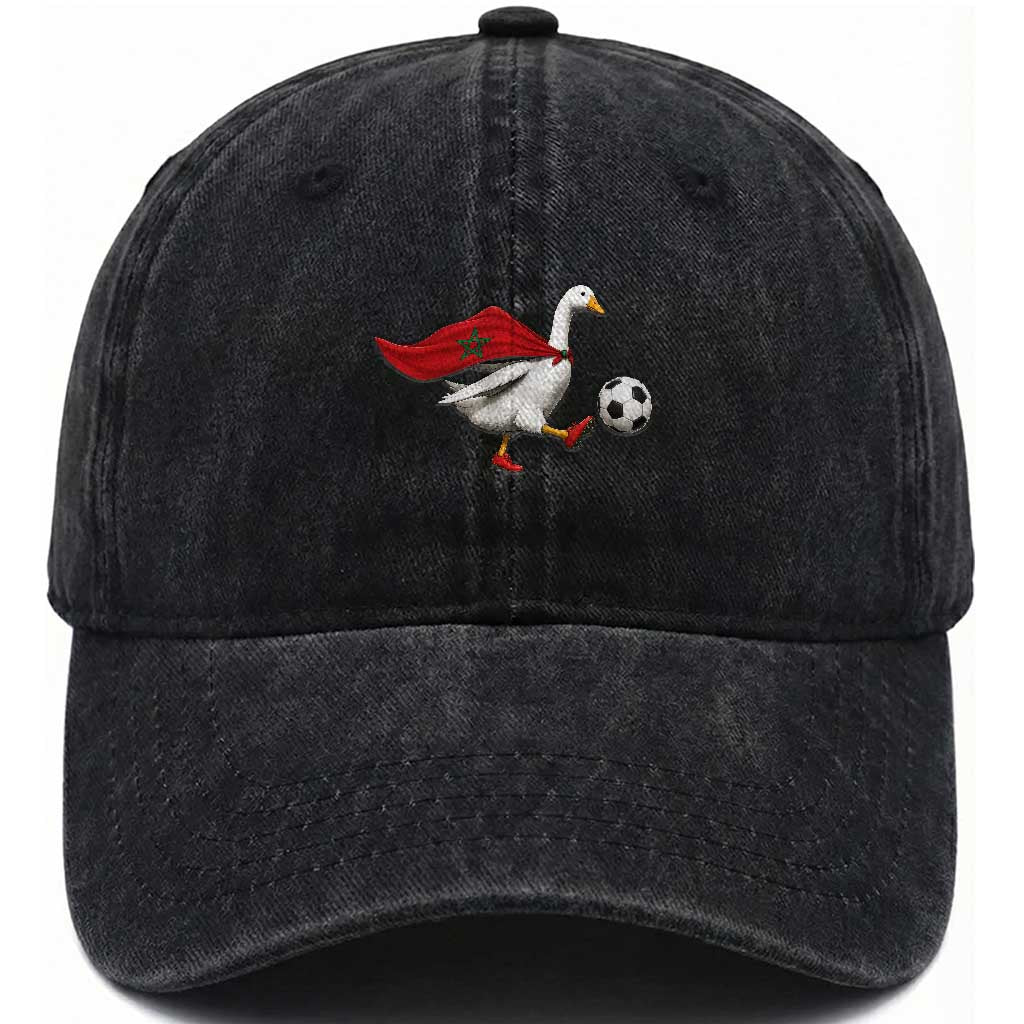Morocco Soccer Washed Cotton Baseball Cap Funny Goose Wearing Moroccan Flag Patriotic Football Fan Graphic TS10 Print Your Wear
