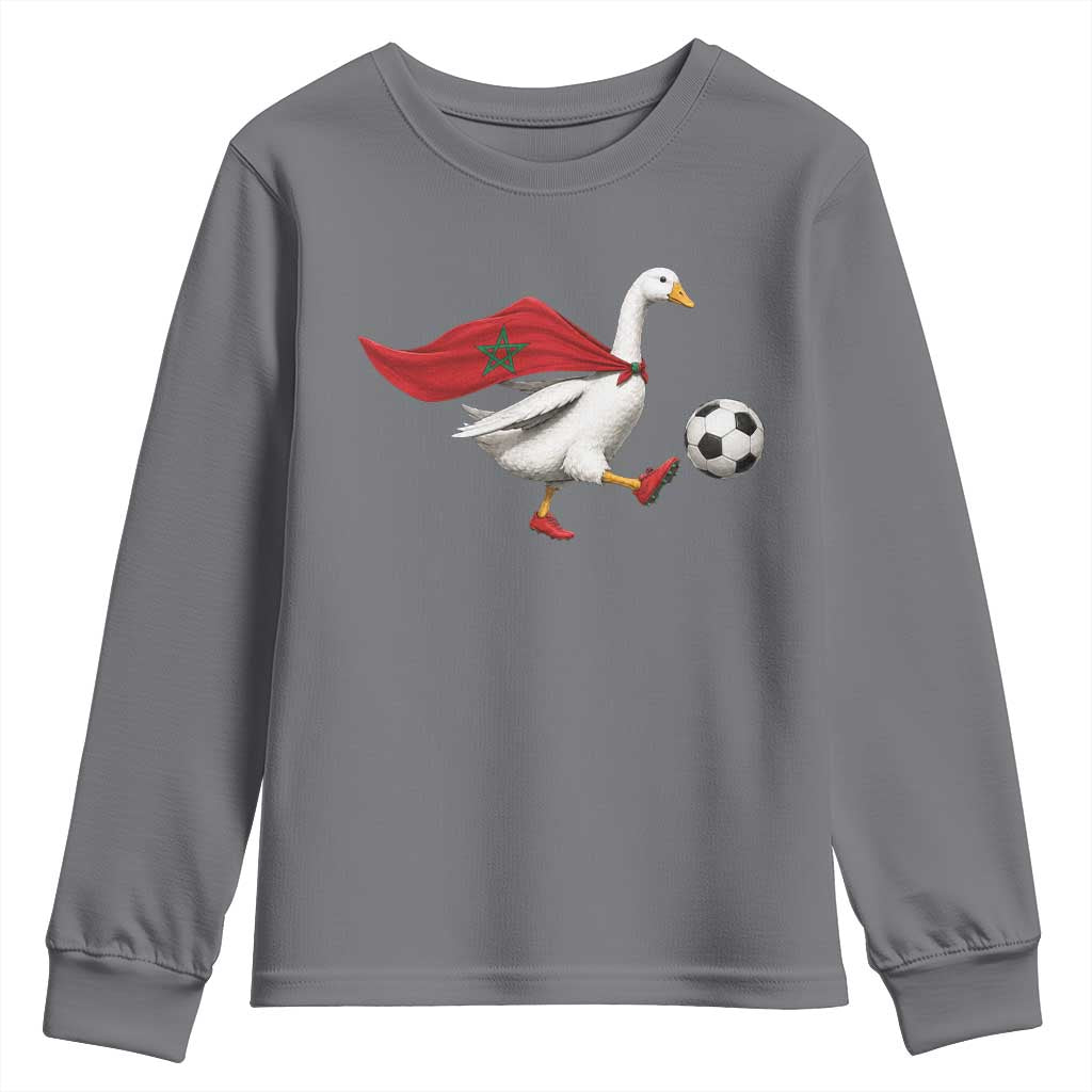 Morocco Soccer Youth Sweatshirt Funny Goose Wearing Moroccan Flag Patriotic Football Fan Graphic TS10 Charcoal Print Your Wear