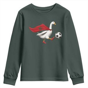 Morocco Soccer Youth Sweatshirt Funny Goose Wearing Moroccan Flag Patriotic Football Fan Graphic TS10 Dark Forest Green Print Your Wear