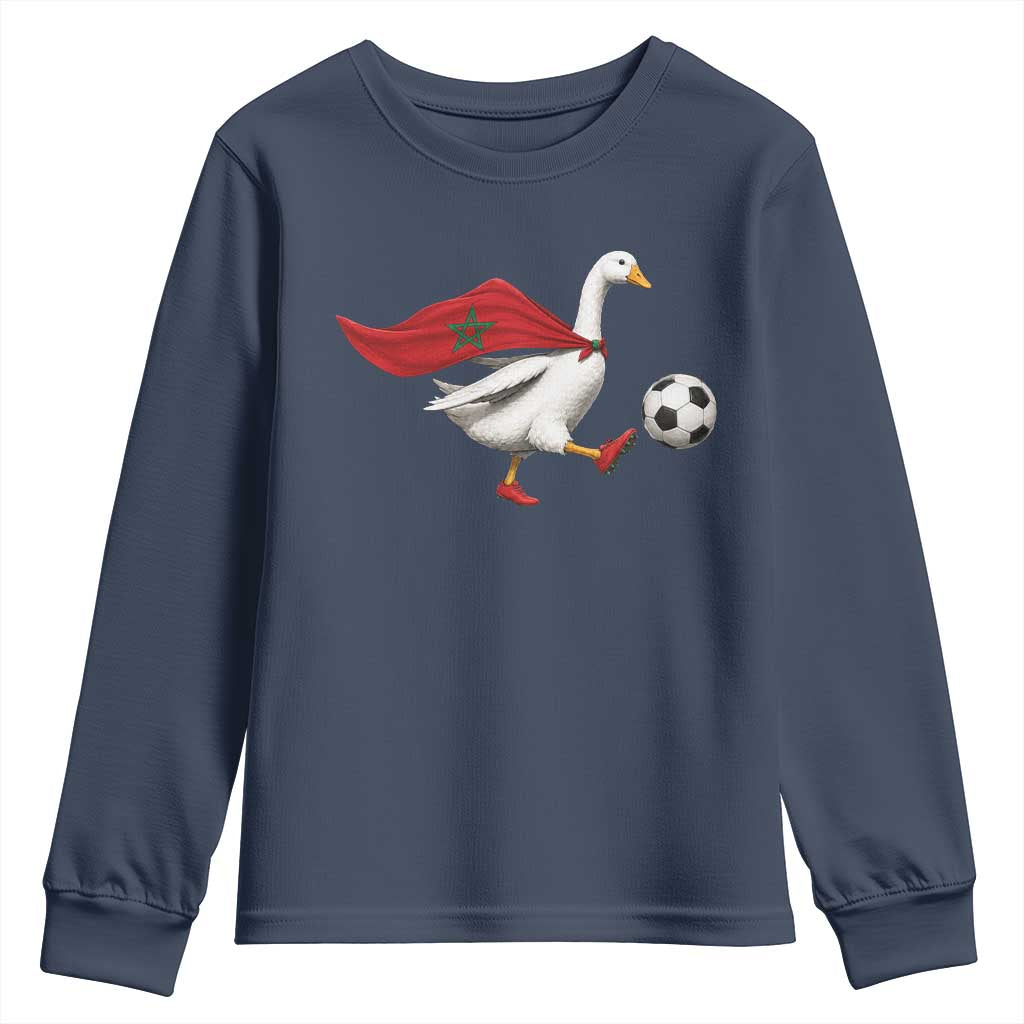 Morocco Soccer Youth Sweatshirt Funny Goose Wearing Moroccan Flag Patriotic Football Fan Graphic TS10 Navy Print Your Wear