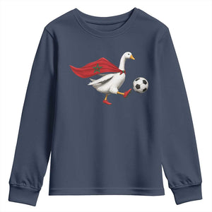 Morocco Soccer Youth Sweatshirt Funny Goose Wearing Moroccan Flag Patriotic Football Fan Graphic TS10 Navy Print Your Wear