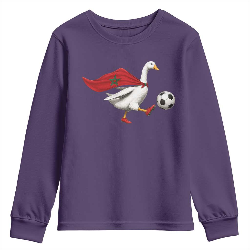 Morocco Soccer Youth Sweatshirt Funny Goose Wearing Moroccan Flag Patriotic Football Fan Graphic TS10 Purple Print Your Wear
