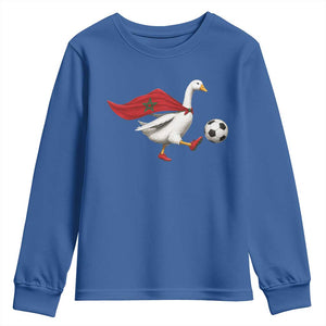 Morocco Soccer Youth Sweatshirt Funny Goose Wearing Moroccan Flag Patriotic Football Fan Graphic TS10 Royal Blue Print Your Wear