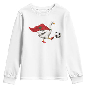 Morocco Soccer Youth Sweatshirt Funny Goose Wearing Moroccan Flag Patriotic Football Fan Graphic TS10 White Print Your Wear