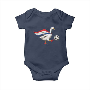 Funny Paraguay Soccer Baby Onesie Goose Wearing Paraguayan Flag Patriotic Football Fan Graphic TS10 Navy Print Your Wear