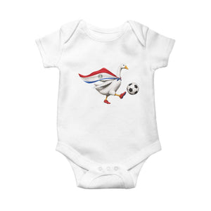 Funny Paraguay Soccer Baby Onesie Goose Wearing Paraguayan Flag Patriotic Football Fan Graphic TS10 White Print Your Wear