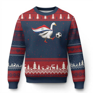 Funny Paraguay Soccer Ugly Christmas Sweater Goose Wearing Paraguayan Flag Patriotic Football Fan Graphic TS10 Navy Red Print Your Wear