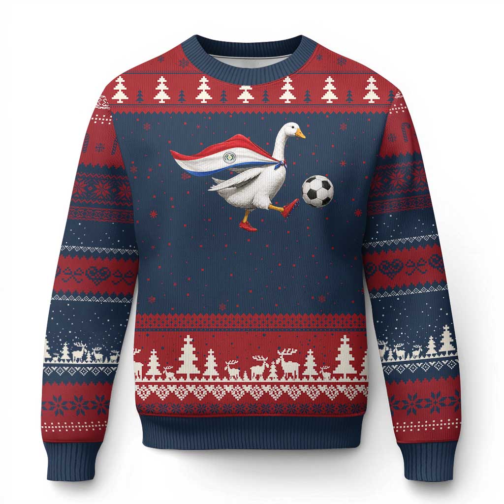 Funny Paraguay Soccer Ugly Christmas Sweater Goose Wearing Paraguayan Flag Patriotic Football Fan Graphic TS10 Navy Red Print Your Wear