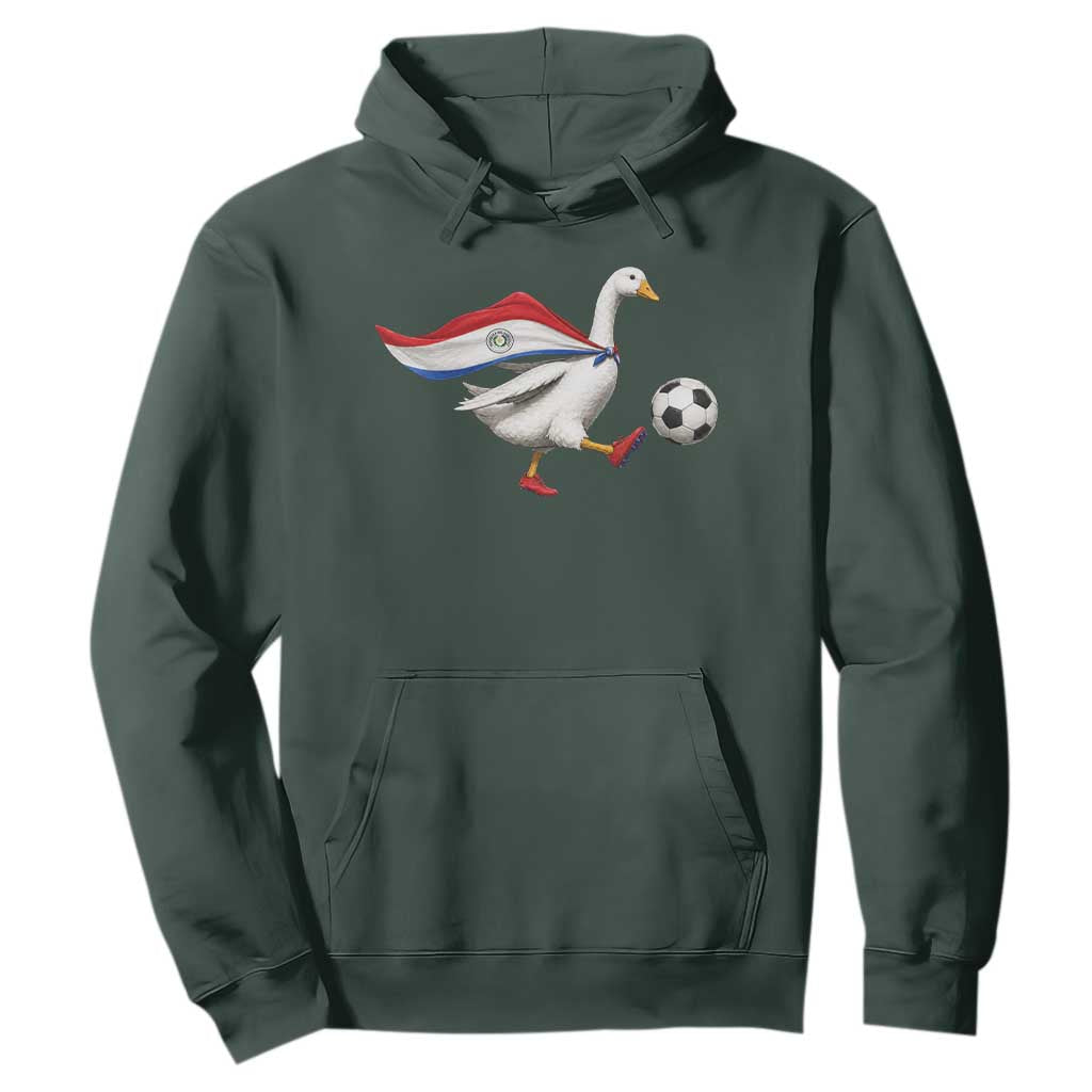 Funny Paraguay Soccer Hoodie Goose Wearing Paraguayan Flag Patriotic Football Fan Graphic TS10 Dark Forest Green Print Your Wear