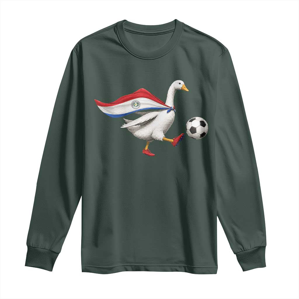 Funny Paraguay Soccer Long Sleeve Shirt Goose Wearing Paraguayan Flag Patriotic Football Fan Graphic TS10 Dark Forest Green Print Your Wear