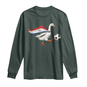 Funny Paraguay Soccer Long Sleeve Shirt Goose Wearing Paraguayan Flag Patriotic Football Fan Graphic TS10 Dark Forest Green Print Your Wear