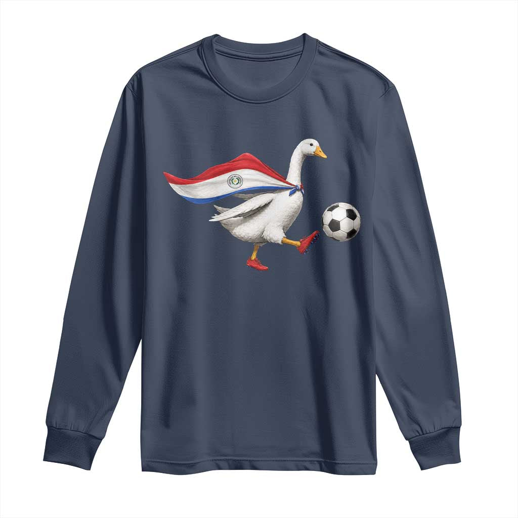 Funny Paraguay Soccer Long Sleeve Shirt Goose Wearing Paraguayan Flag Patriotic Football Fan Graphic TS10 Navy Print Your Wear