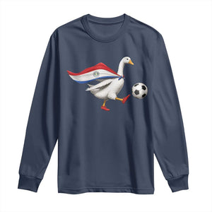 Funny Paraguay Soccer Long Sleeve Shirt Goose Wearing Paraguayan Flag Patriotic Football Fan Graphic TS10 Navy Print Your Wear