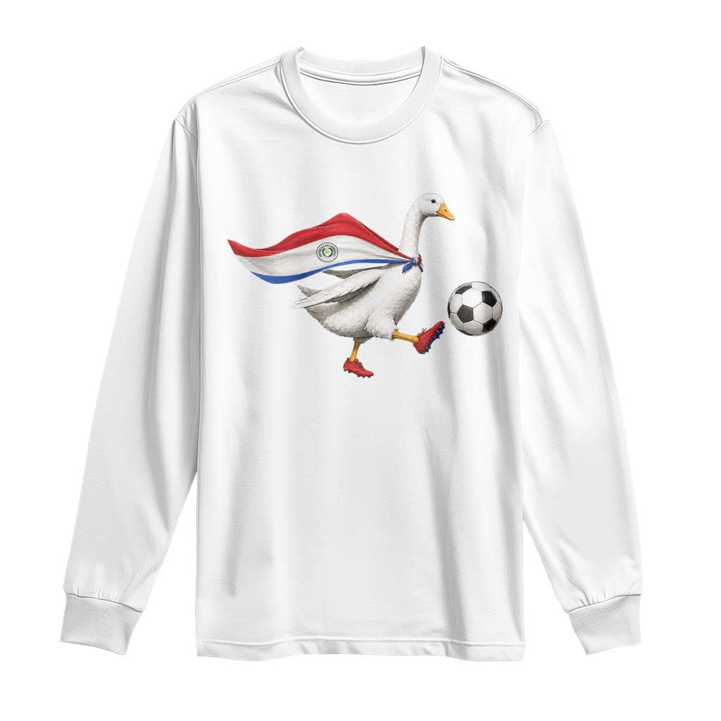 Funny Paraguay Soccer Long Sleeve Shirt Goose Wearing Paraguayan Flag Patriotic Football Fan Graphic TS10 White Print Your Wear
