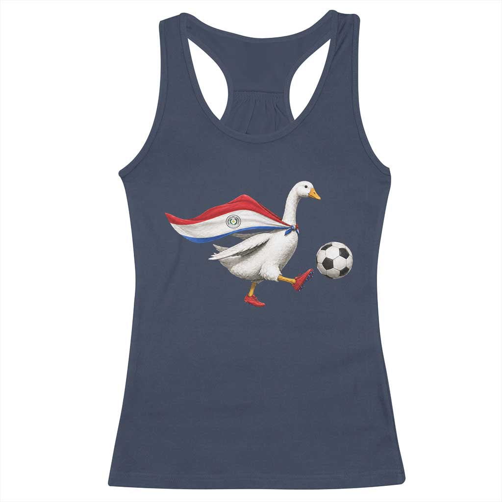 Funny Paraguay Soccer Racerback Tank Top Goose Wearing Paraguayan Flag Patriotic Football Fan Graphic TS10 Navy Print Your Wear