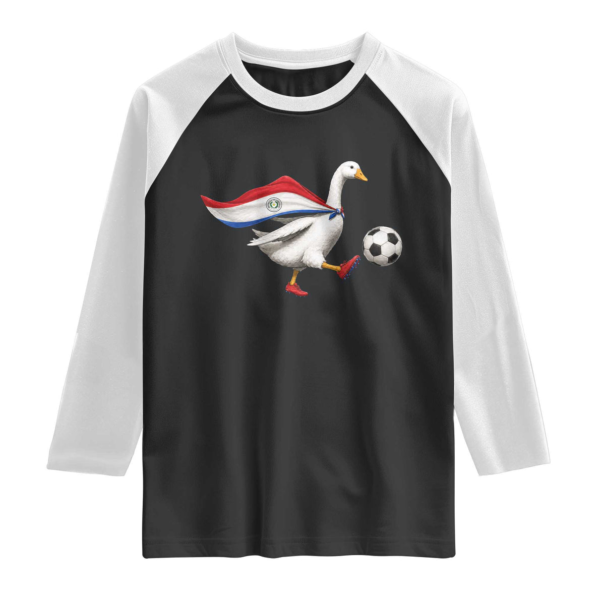 Funny Paraguay Soccer Raglan Shirt Goose Wearing Paraguayan Flag Patriotic Football Fan Graphic TS10 Black White Print Your Wear
