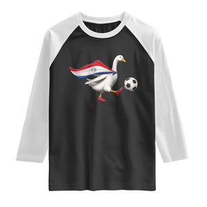 Funny Paraguay Soccer Raglan Shirt Goose Wearing Paraguayan Flag Patriotic Football Fan Graphic TS10 Black White Print Your Wear