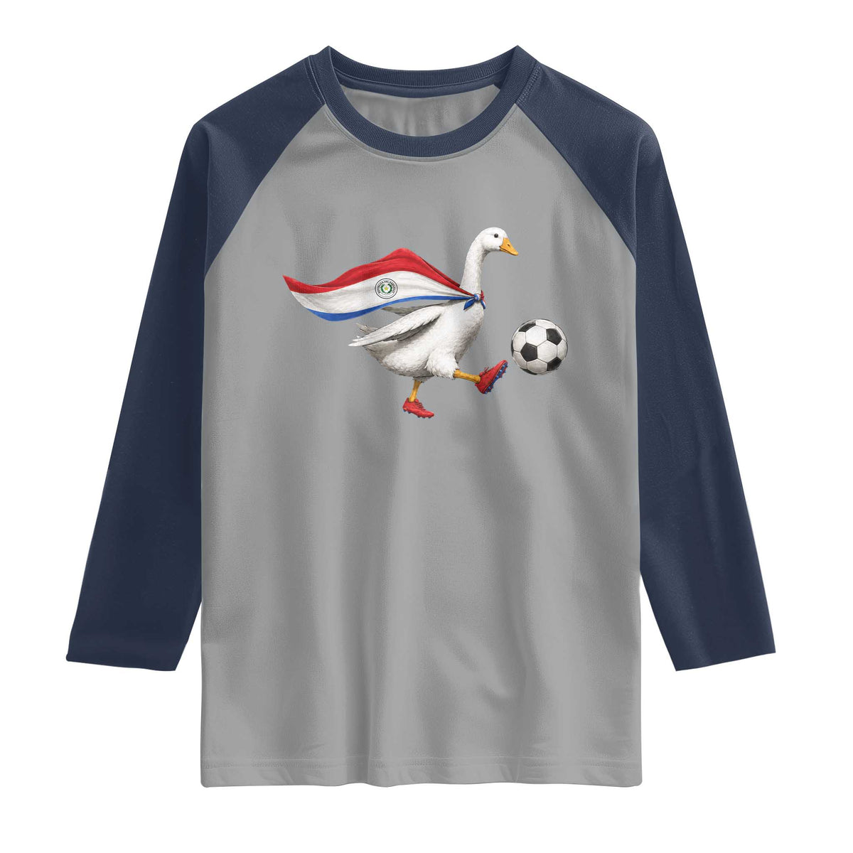 Funny Paraguay Soccer Raglan Shirt Goose Wearing Paraguayan Flag Patriotic Football Fan Graphic TS10 Sport Gray Navy Print Your Wear