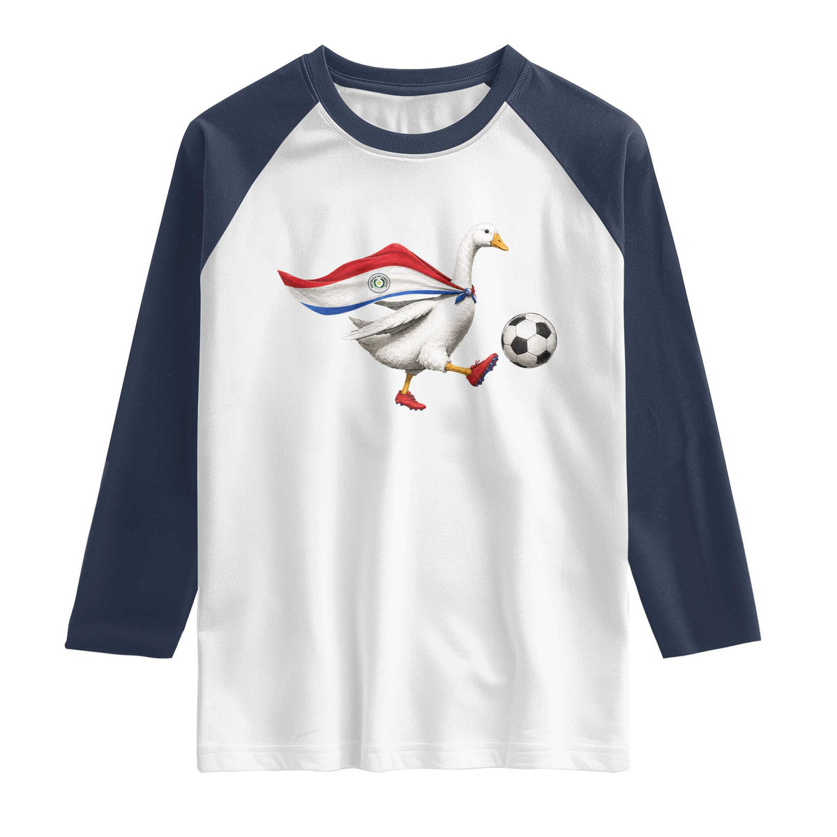 Funny Paraguay Soccer Raglan Shirt Goose Wearing Paraguayan Flag Patriotic Football Fan Graphic TS10 White Navy Print Your Wear