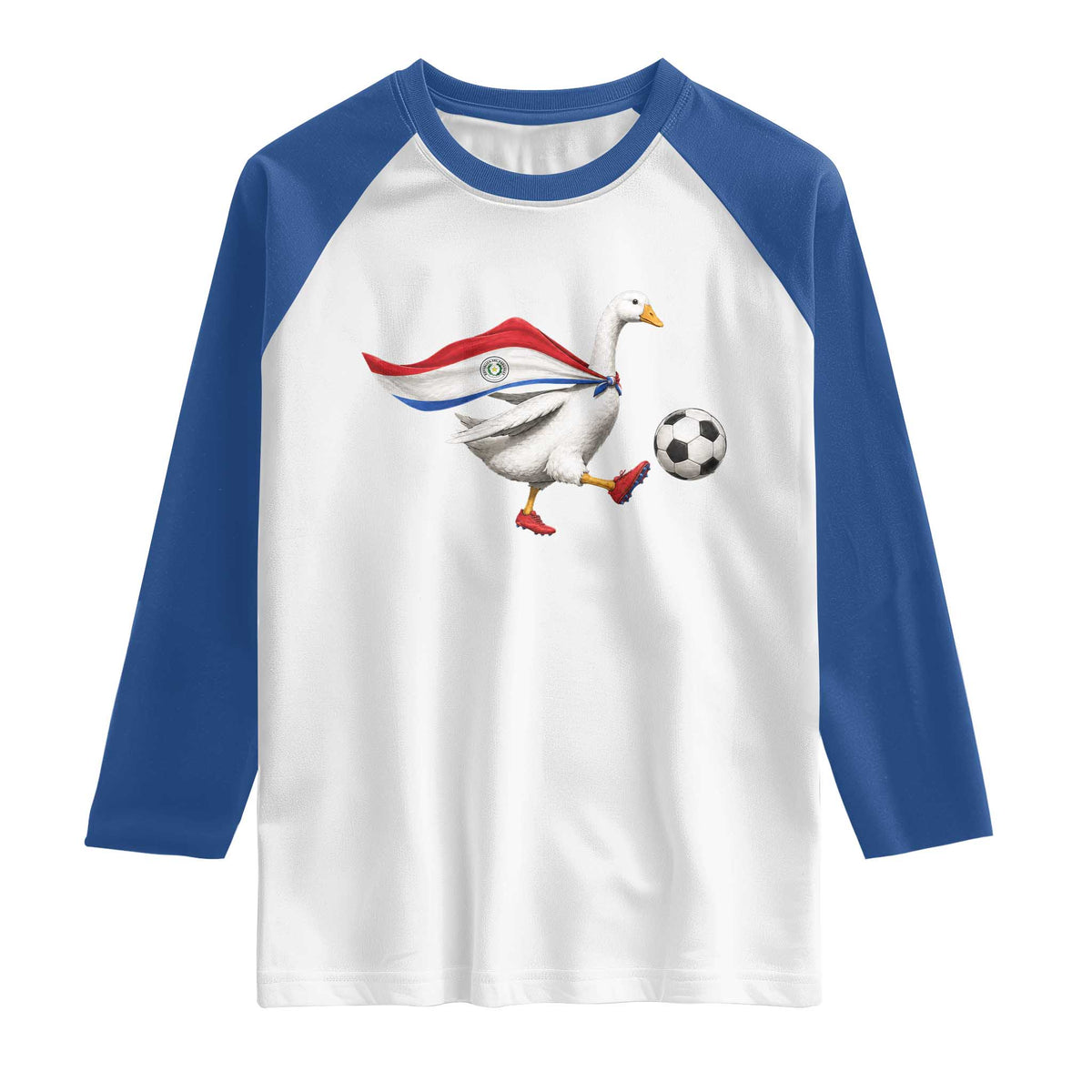 Funny Paraguay Soccer Raglan Shirt Goose Wearing Paraguayan Flag Patriotic Football Fan Graphic TS10 White Royal Print Your Wear