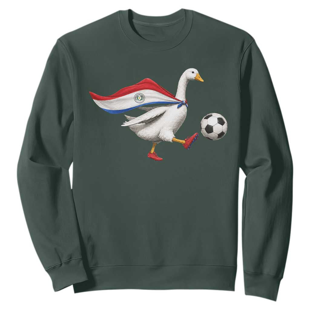 Funny Paraguay Soccer Sweatshirt Goose Wearing Paraguayan Flag Patriotic Football Fan Graphic TS10 Dark Forest Green Print Your Wear