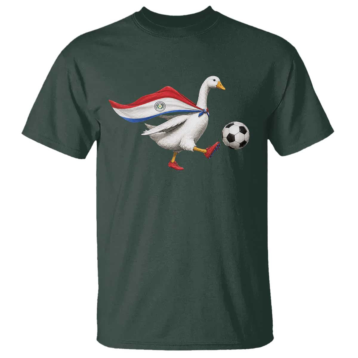 Funny Paraguay Soccer T Shirt Goose Wearing Paraguayan Flag Patriotic Football Fan Graphic TS10 Dark Forest Green Print Your Wear