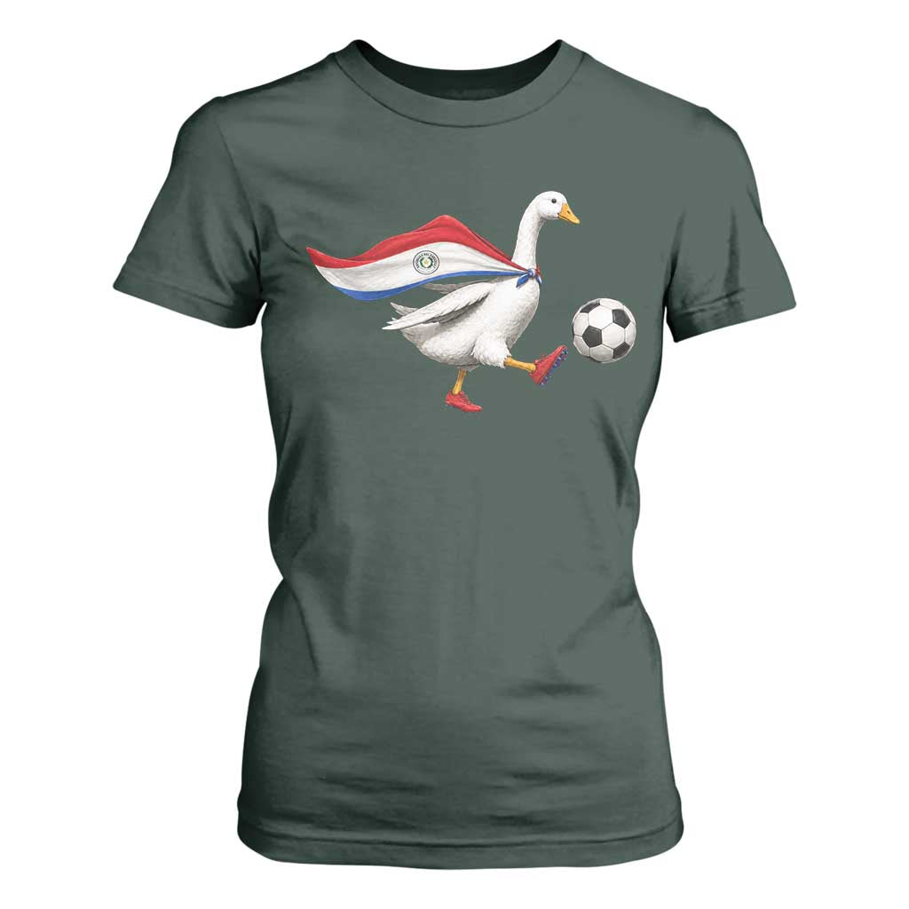 Funny Paraguay Soccer T Shirt For Women Goose Wearing Paraguayan Flag Patriotic Football Fan Graphic TS10 Dark Forest Green Print Your Wear