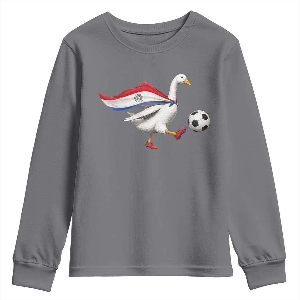 Funny Paraguay Soccer Youth Sweatshirt Goose Wearing Paraguayan Flag Patriotic Football Fan Graphic TS10 Charcoal Print Your Wear