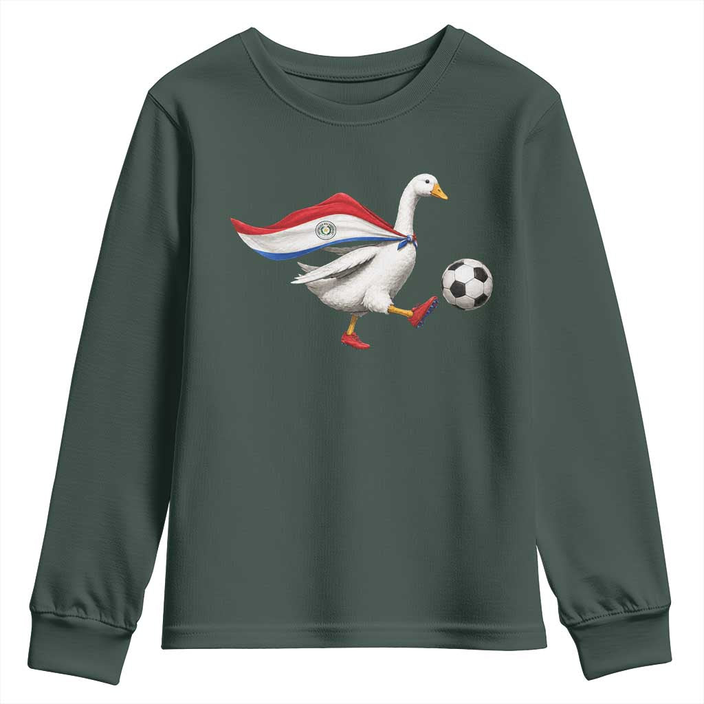 Funny Paraguay Soccer Youth Sweatshirt Goose Wearing Paraguayan Flag Patriotic Football Fan Graphic TS10 Dark Forest Green Print Your Wear