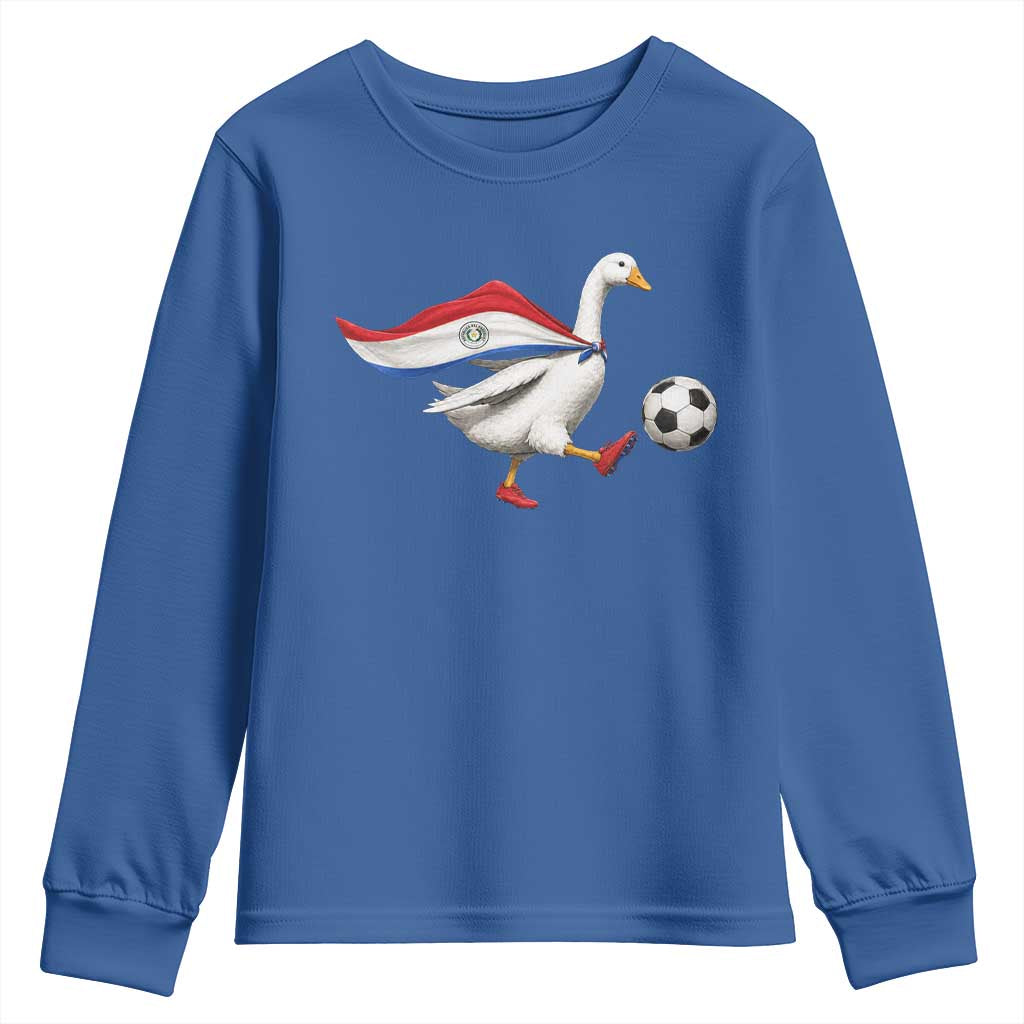 Funny Paraguay Soccer Youth Sweatshirt Goose Wearing Paraguayan Flag Patriotic Football Fan Graphic TS10 Royal Blue Print Your Wear