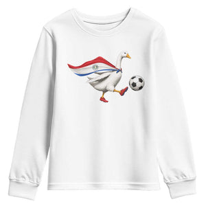 Funny Paraguay Soccer Youth Sweatshirt Goose Wearing Paraguayan Flag Patriotic Football Fan Graphic TS10 White Print Your Wear