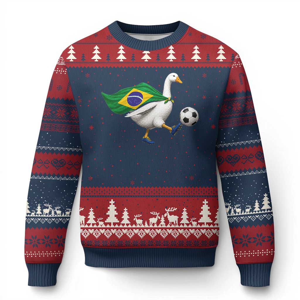 Brazil Soccer Goose Ugly Christmas Sweater Brazilian Flag Patriotic Football Fan Graphic TS10 Navy Red Print Your Wear