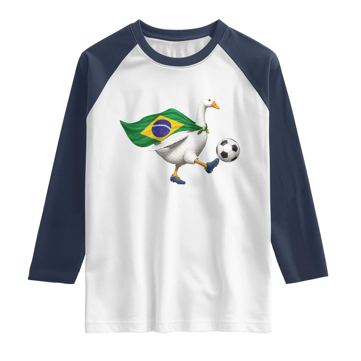 Brazil Soccer Goose Raglan Shirt Brazilian Flag Patriotic Football Fan Graphic TS10 White Navy Print Your Wear
