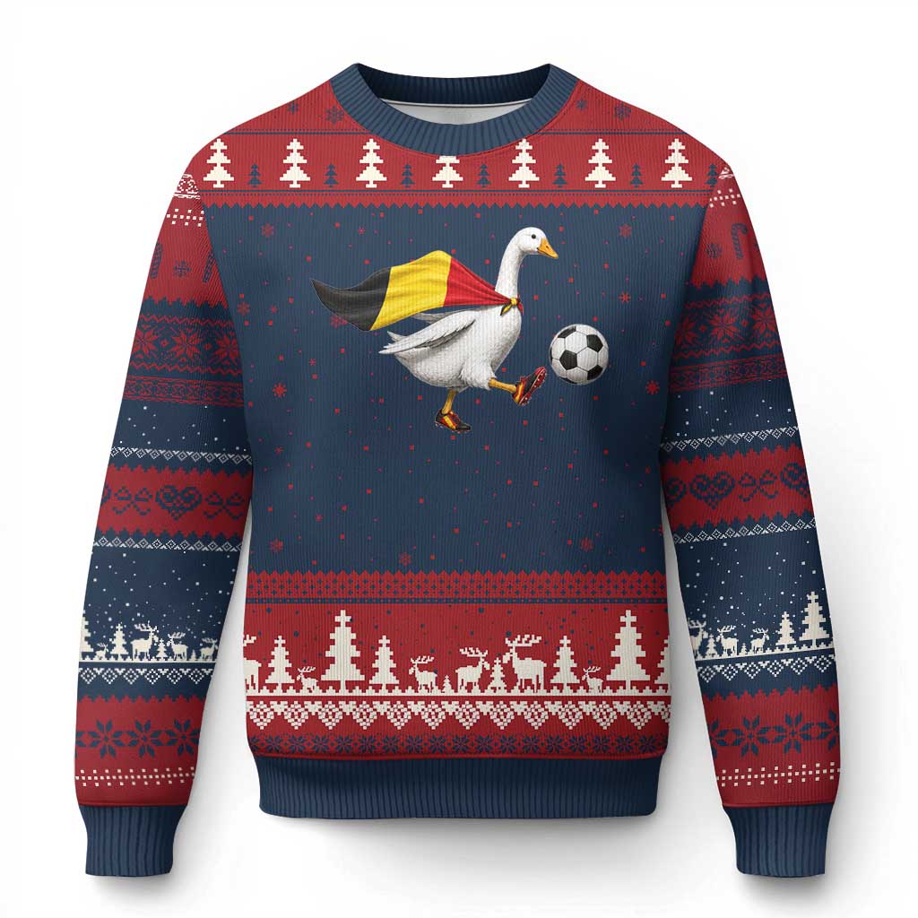 Belgium Soccer Goose Ugly Christmas Sweater Belgian Flag Patriotic Football Fan Graphic TS10 Navy Red Print Your Wear