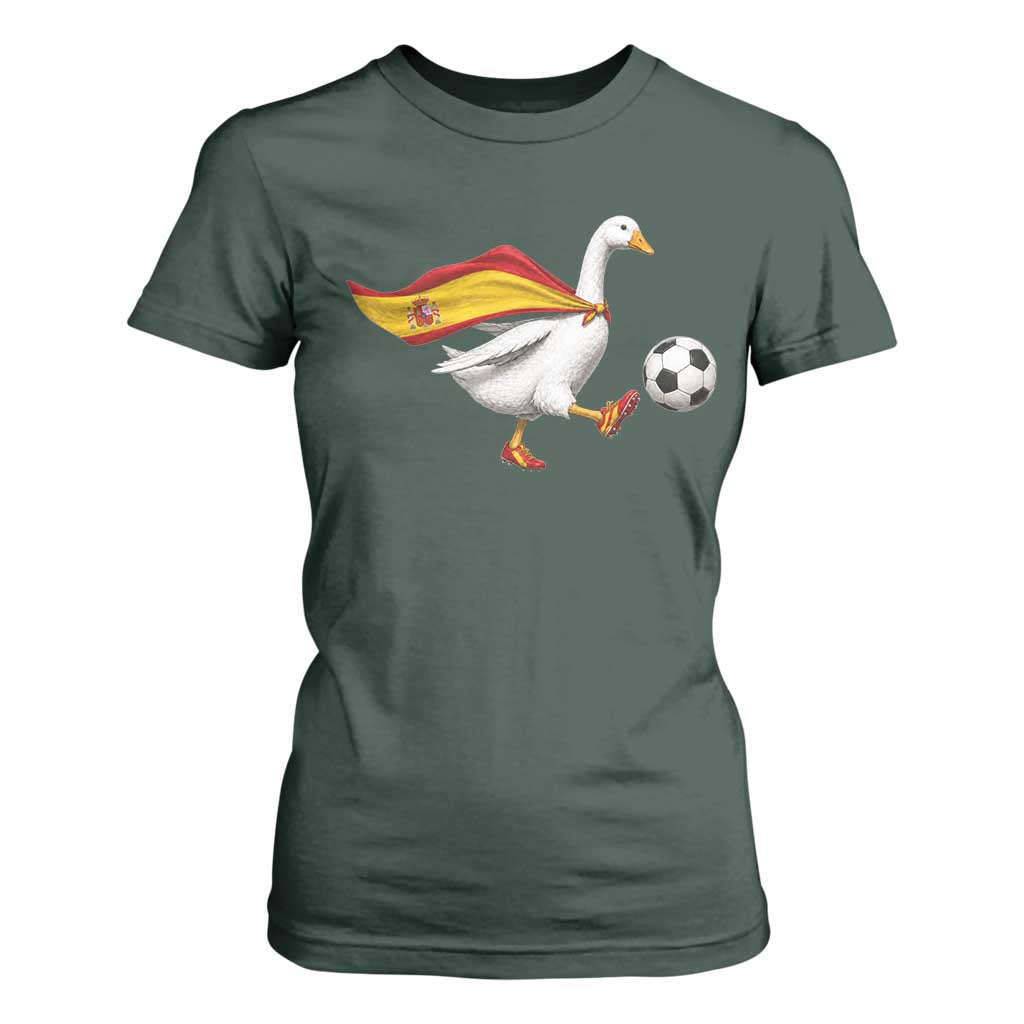 Spain Soccer Goose T Shirt For Women Spanish Flag Patriotic Football Fan Graphic TS10 Dark Forest Green Print Your Wear