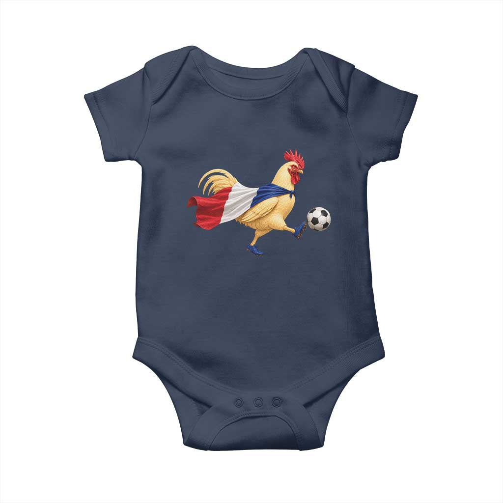 Funny France Soccer Baby Onesie Rooster Wearing French Flag Patriotic Football Fan Graphic TS10 Navy Print Your Wear