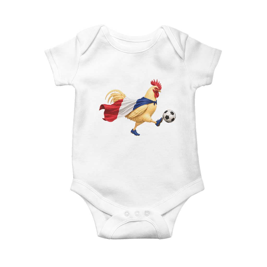 Funny France Soccer Baby Onesie Rooster Wearing French Flag Patriotic Football Fan Graphic TS10 White Print Your Wear