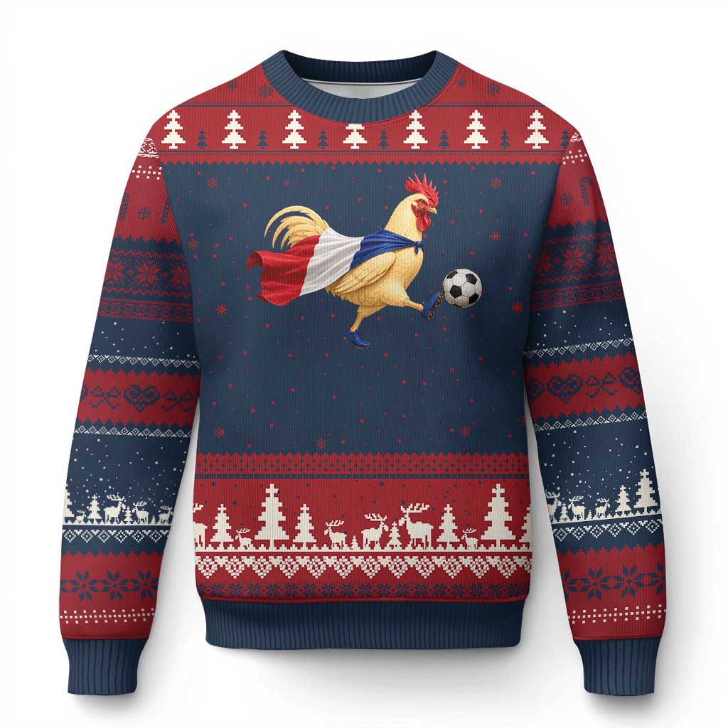 Funny France Soccer Ugly Christmas Sweater Rooster Wearing French Flag Patriotic Football Fan Graphic TS10 Navy Red Print Your Wear