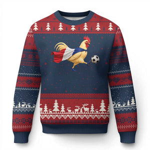 Funny France Soccer Ugly Christmas Sweater Rooster Wearing French Flag Patriotic Football Fan Graphic TS10 Navy Red Print Your Wear