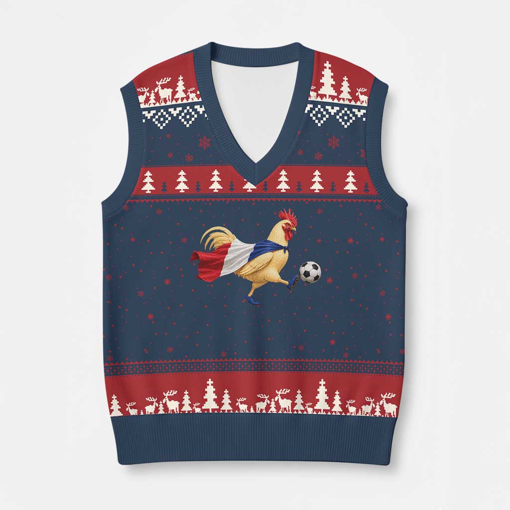 Funny France Soccer V-Neck Knit Sweater Vest Rooster Wearing French Flag Patriotic Football Fan Graphic TS10 Navy Red Print Your Wear