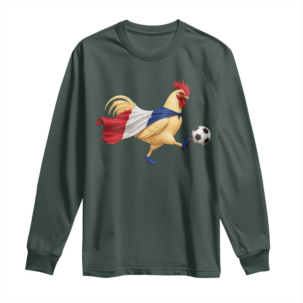 Funny France Soccer Long Sleeve Shirt Rooster Wearing French Flag Patriotic Football Fan Graphic TS10 Dark Forest Green Print Your Wear