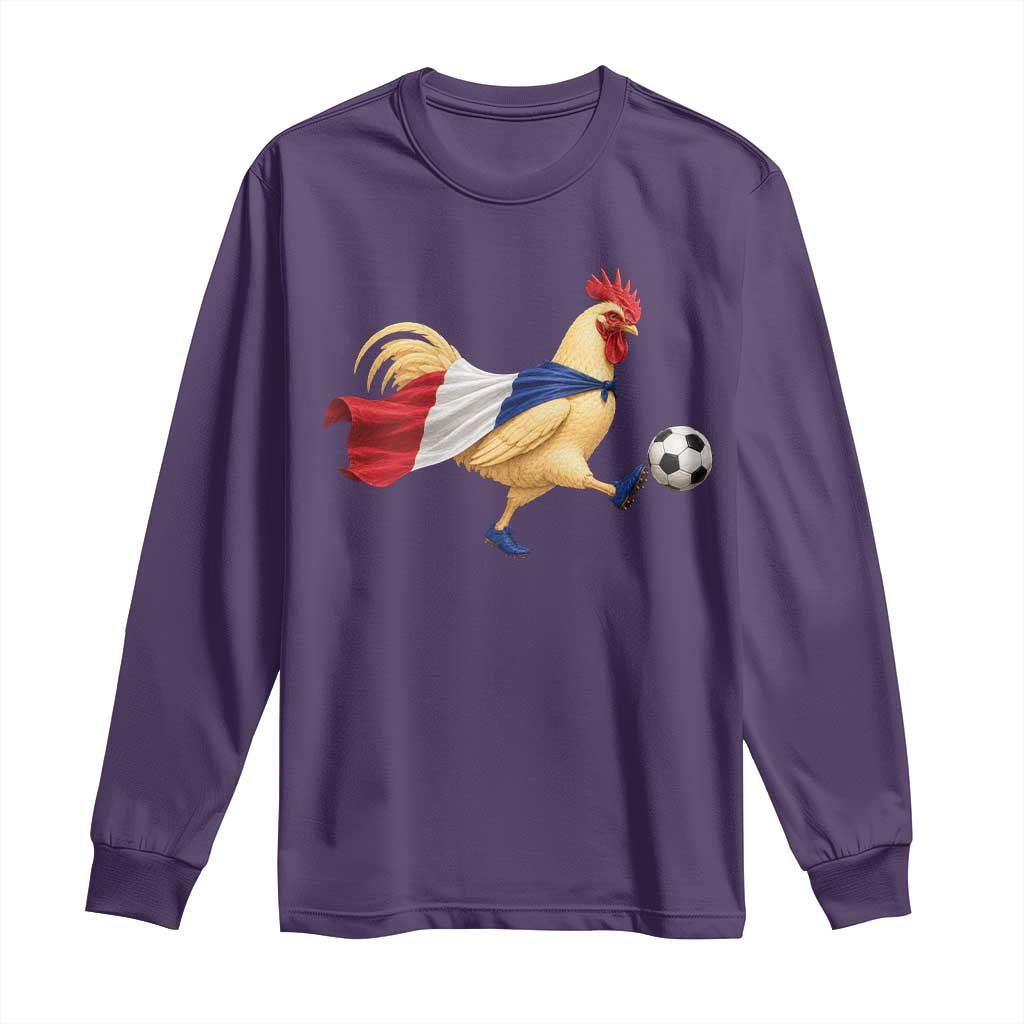 Funny France Soccer Long Sleeve Shirt Rooster Wearing French Flag Patriotic Football Fan Graphic TS10 Purple Print Your Wear