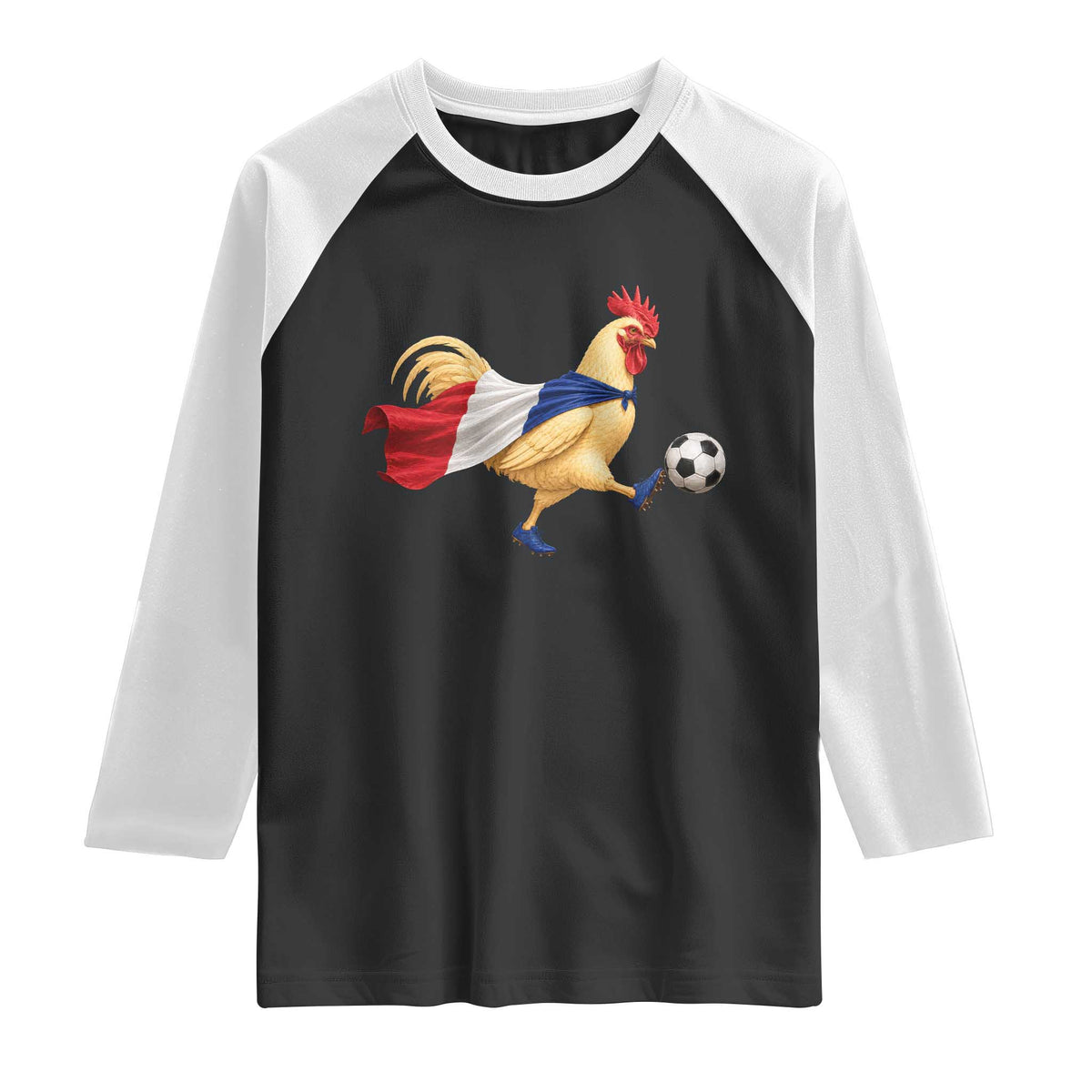 Funny France Soccer Raglan Shirt Rooster Wearing French Flag Patriotic Football Fan Graphic TS10 Black White Print Your Wear