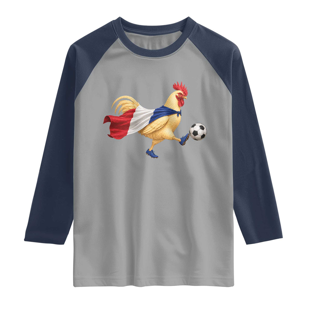 Funny France Soccer Raglan Shirt Rooster Wearing French Flag Patriotic Football Fan Graphic TS10 Sport Gray Navy Print Your Wear